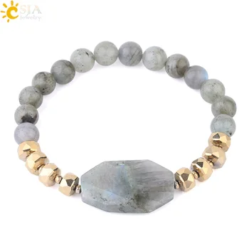 

CSJA Natural Stone Pink Quartz Bracelet Half Moon Labradorite Green Aventurine Sodalite 8mm Elastic Bracelets for Women Men F601