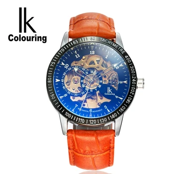 

IK Colouring Stylish Skeleton Mens Automatic Mechanical Wristwatch Leather Strap White Dial Golden Movement