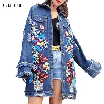 

2019 New Torn Hole Long denim jacket Casual Embroidery women's jacket spring autumn Long sleeve Jean jacket women's windbreaker