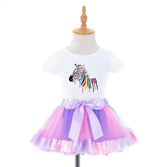 Kids Toddler Baby Girl Summer Short Sleeve Cute Zebra Horse T Shirt and Rainbow Ribbon Ballet Tutu Dress Clothes 2pcs Outfits