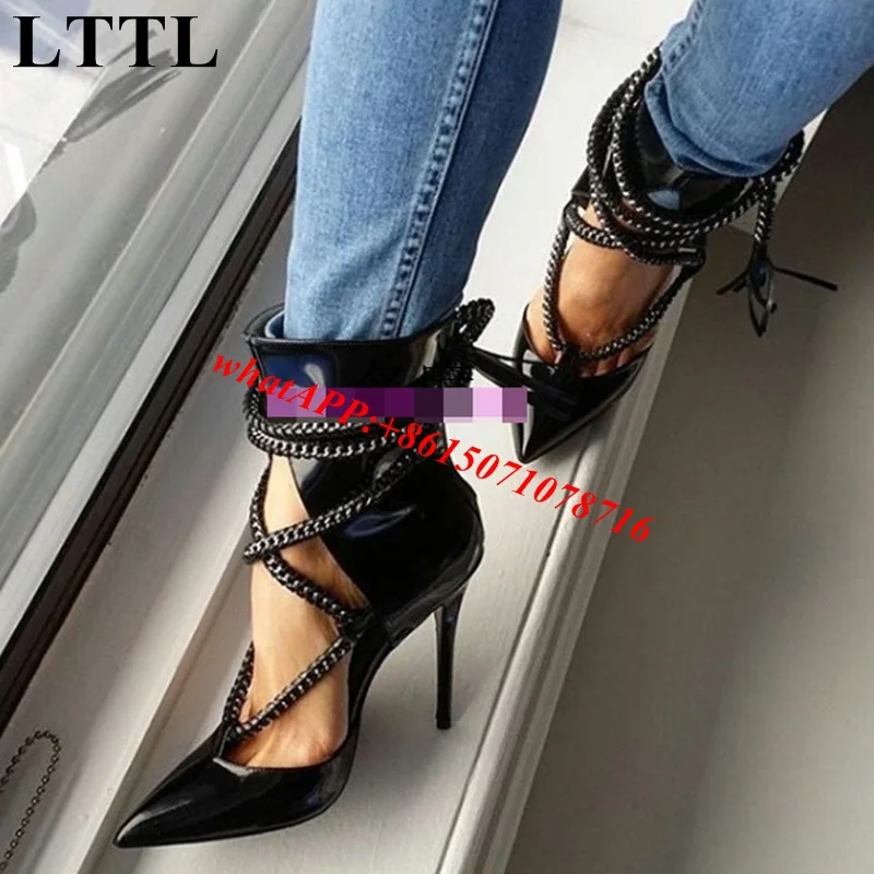 Chic Rope Lace Up Women Pointy Toe Stiletto High Heels Ankle Booties Black Brown Leather Woman Cut-outs Sandal Boots Shoes