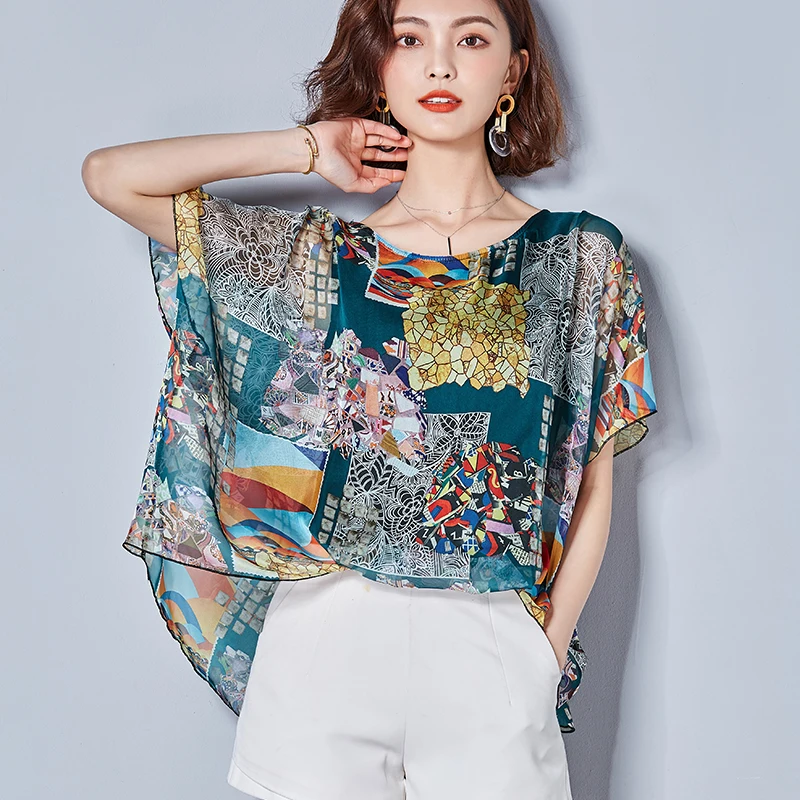 

Batwing Sleeve Chiffon Blouses 2019 Summer Sleeveless O-neck Casual Loose Shirts Elegant Foral Print Women Tops and Blouse