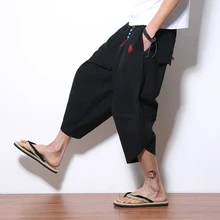 Летние мужские брюки в китайском стиле с вышивкой; брюки длиной до икры; нестандартные большие размеры; дышащие повседневные брюки для мужчин