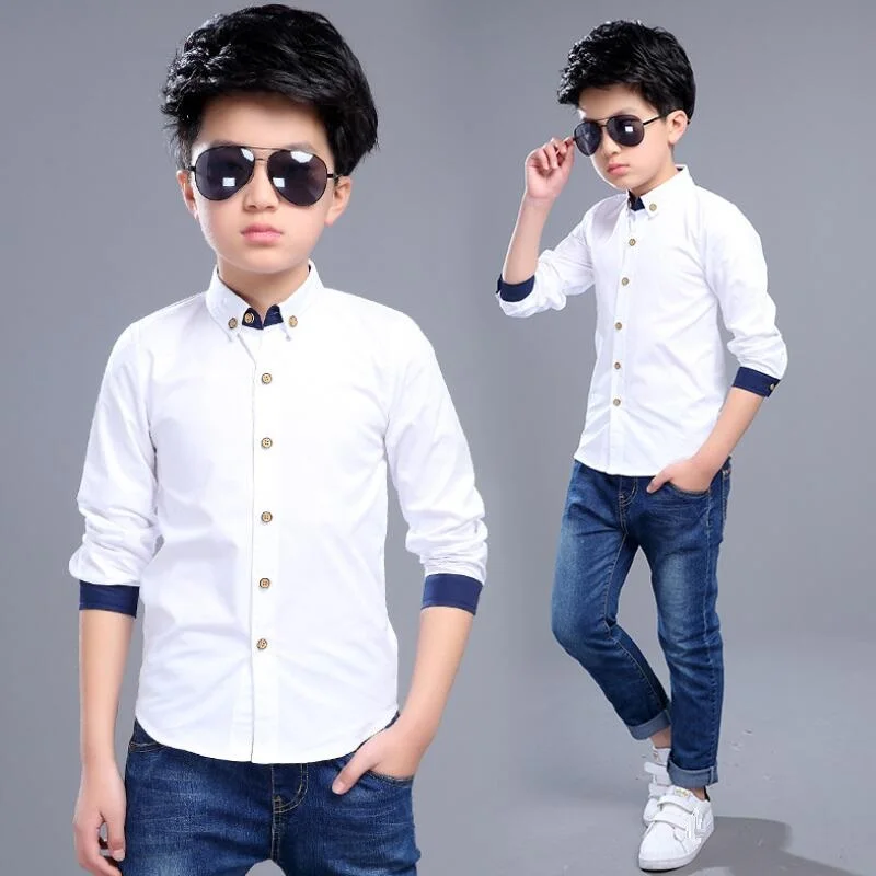 

2019 Spring Fall Toddler Teenage Gentleman Boy Clothes Child Shirts Long Sleeve White Cotton School Kids Boys Shirt Tops JW3220