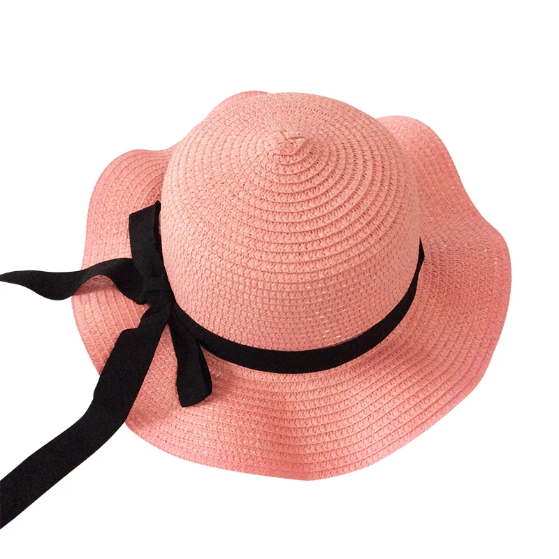 Летняя кепка для девочек, украшенная черной лентой, волнистая соломенная шляпа для девочек, детская Панама, Детская кепка от солнца, детские пляжные шляпы