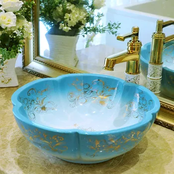 

China Artistic Porcelain Handmade flower shape ceramic counter top Artistic Wash Basin Bathroom Sink blue with white