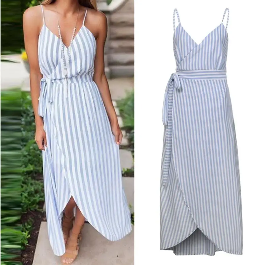 

t shirt Women regular Casuasl Women Sexy Strapless Striped Bandage V-Neck Lace-up Irregular Dress 0706