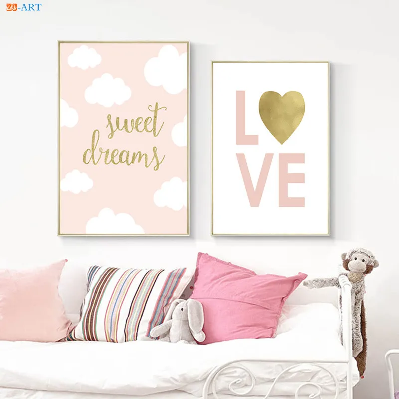 Pink Love Gold Foil Canvas Art Poster and Print Painting Nursery Wall Art Kids Room Decor Baby Girl Room Home Decoration