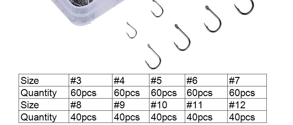 Goture 500 шт./кор. набор рыболовных крючков из высокоуглеродистой Сталь рыболовных крючков 3#-#12 Крючки с коробка для рыболовной снасти
