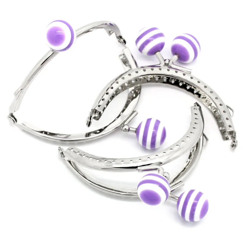 

10Pcs Purple Round Resin Ball DIY Purse Bag Clutch Handbag Handle Metal Arch Frame Kiss Clasps Lock Silver Tone 8.5x7cm