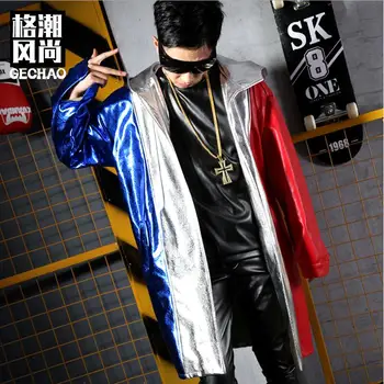 

Trendy Male Singer DJ DS Stitch Hit Color PU Cloak Leather Trench Coat Nightclub GOGO Bar Hairdresser Stage Men Costumes !M-5XL