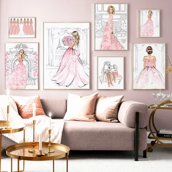 

Pink Paris Fashion Girl Rose Flower Wall Art Canvas Painting Nordic Posters And Prints Wall Pictures For Living Room Salon Decor