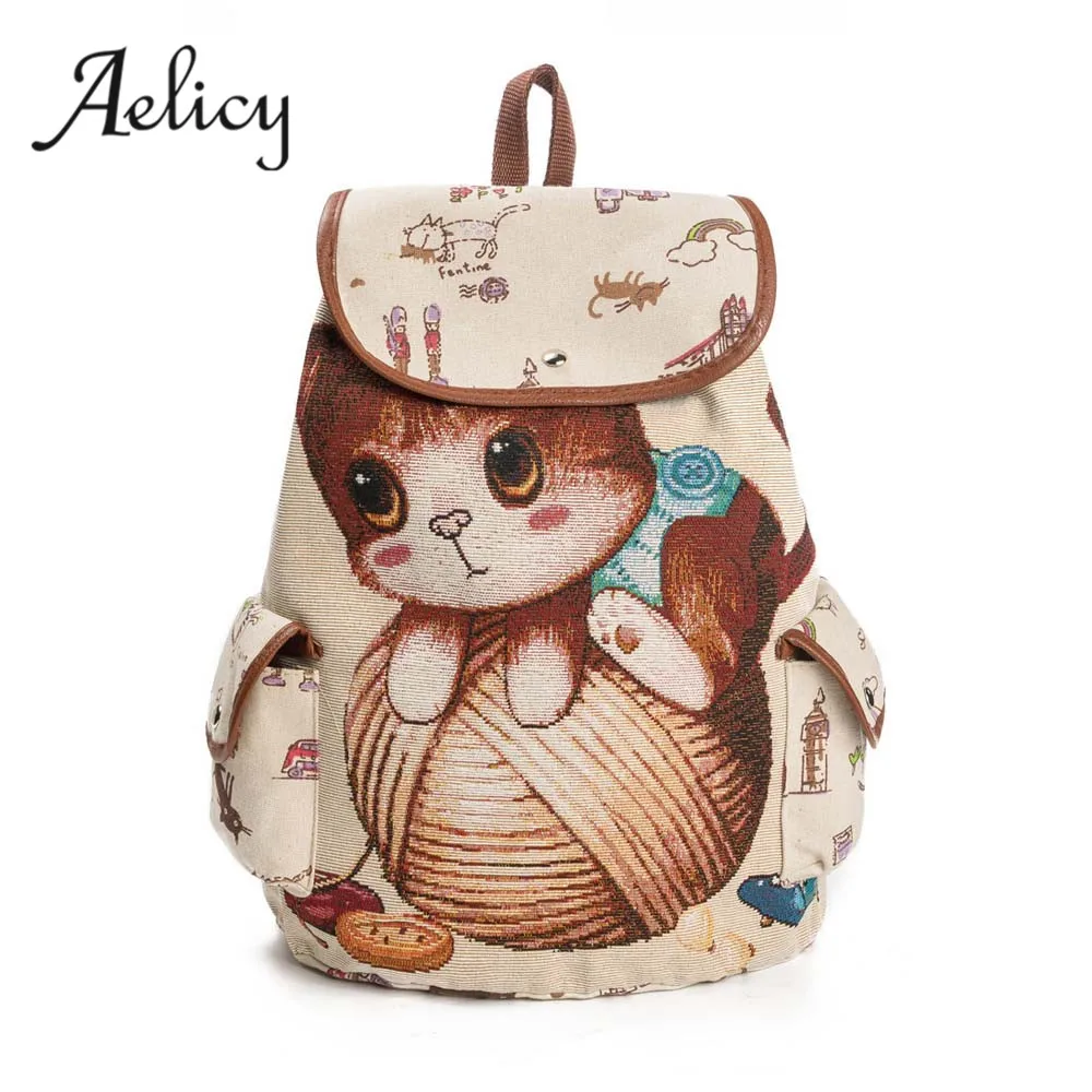 Aelicy Cat Backpacks For Girl Animal Prints Fashion Girls School Bag Canvas Female Backpack