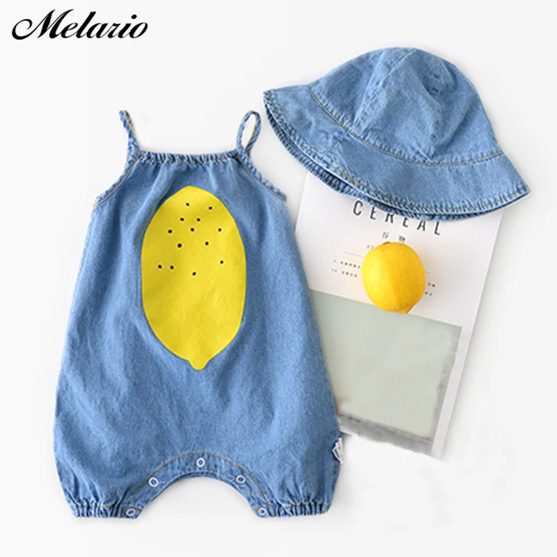 Melario/детская одежда г., Летний милый мягкий джинсовый комбинезон с рисунком лимона для маленьких мальчиков и девочек, с шапочкой, на возраст от 6 до 24 месяцев