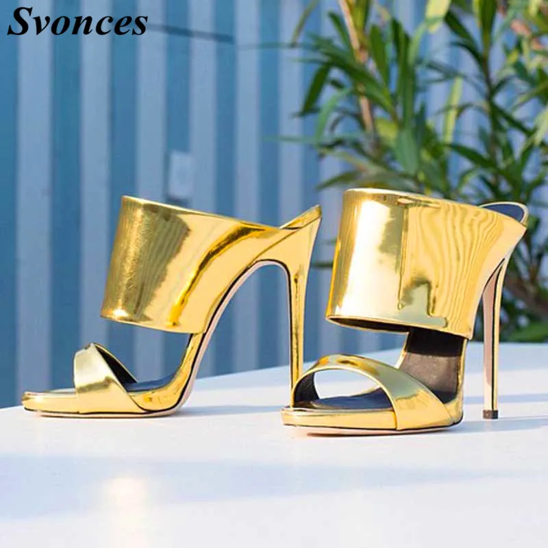 

Sandalias Mujer Metallic Patent Leather Slip On Mules Party Gold Fashion Rihanna Slides Women High Heel Sandals Summer Lady Shoe