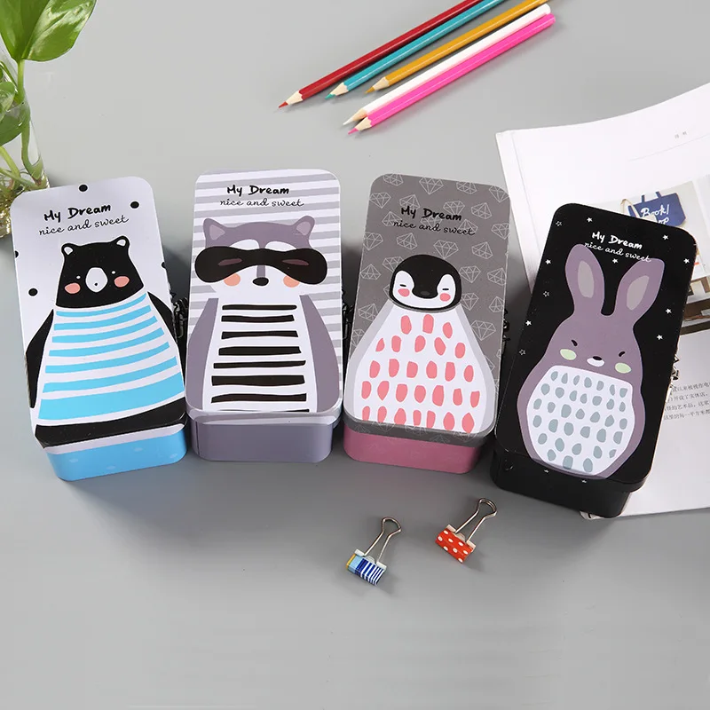 

Cute cartoon creative stationery pencil case double layer thickened tinplate with lock pen box student stationery case pen bag