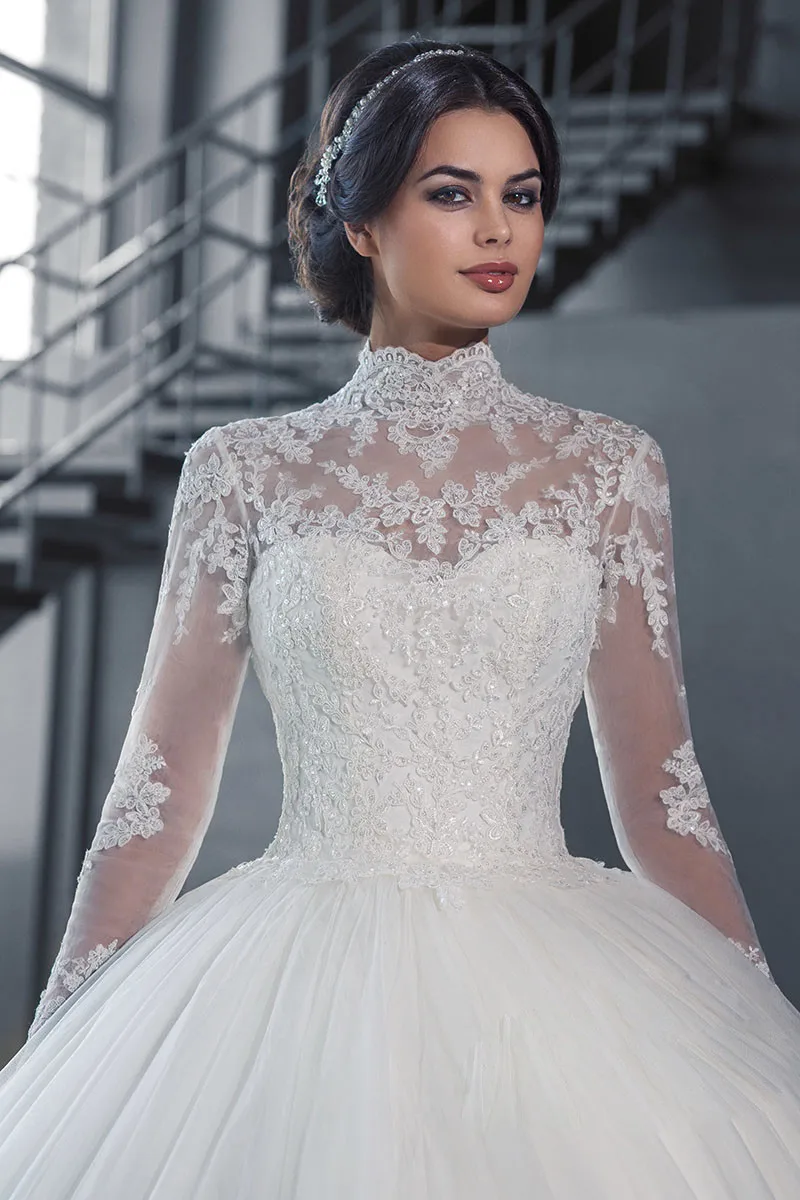 Vestidos 2018 старинные c высоким горлом кружево свадебное платье Длинные рукава с аппликацией Casamento принцесса свадебное платье robe de mariage