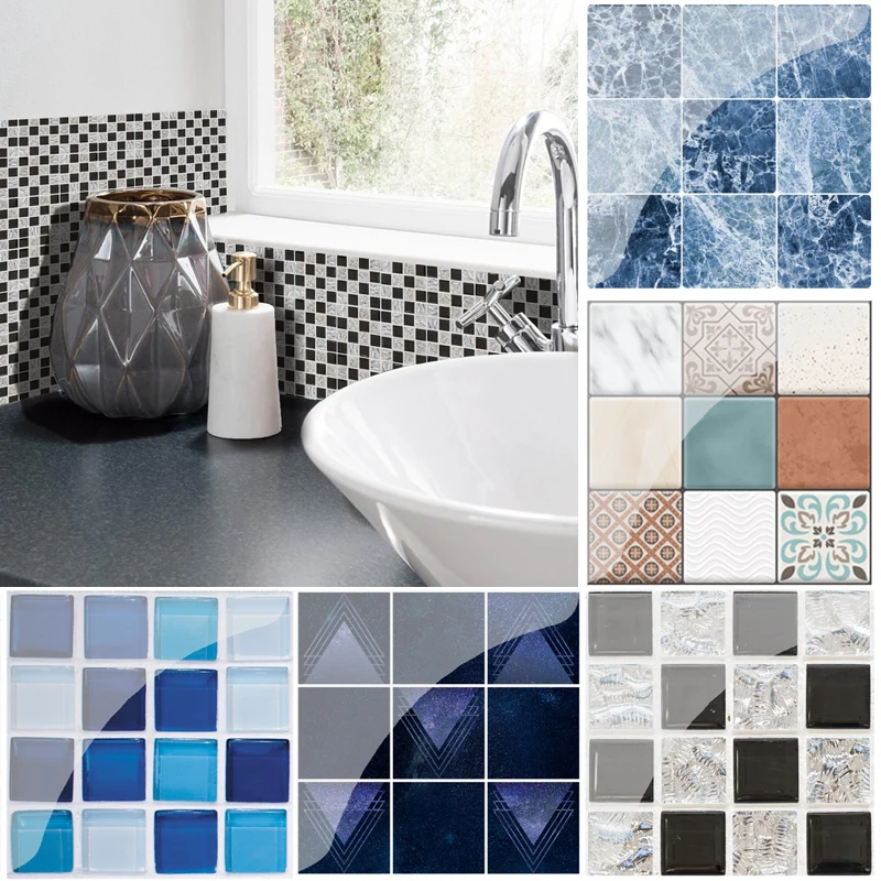 

19PCS DIY Mosaic Wall Tiles Stickers Waist Line Wall Sticker Kitchen Adhesive Bathroom Toilet Waterproof PVC Wallpaper