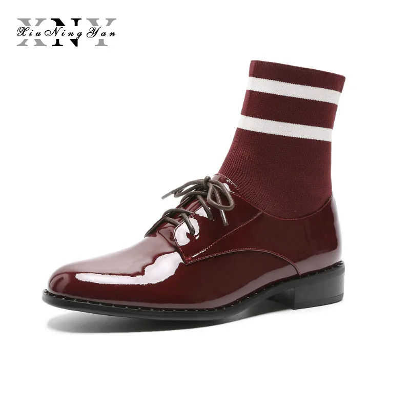 

XiuNingYan Women Shoes Round Toe Genuine Leather Retro Vintage Low Heels Motorcycle Boots Handsome Lace Up Woman Ankle Boots