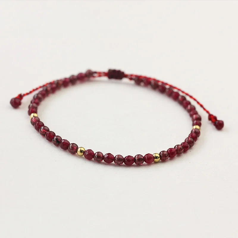 Natural Stone Garnet Beads Bracelet Thin Multi-Faceted Handmade Weave Red String Bangles Bracelets For Women Adjustable Bileklik