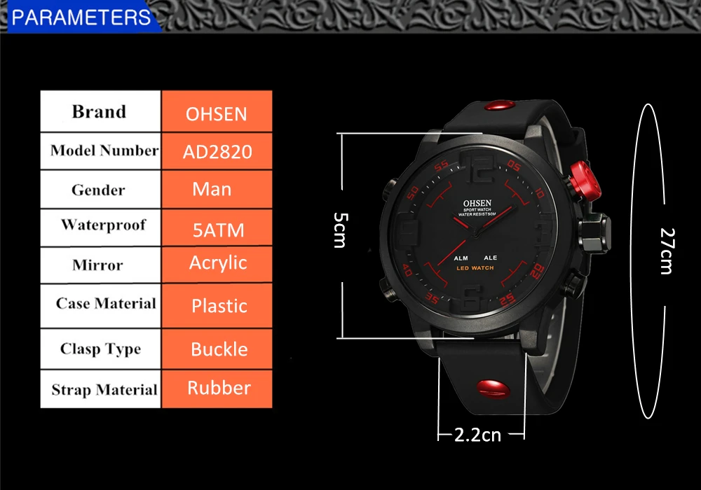 Известный бренд OHSEN модные цифровые кварцевые мужские наручные часы 50 м водонепроницаемый резиновый ремень светодиодный черный мужской черные прозрачные стразы подарки
