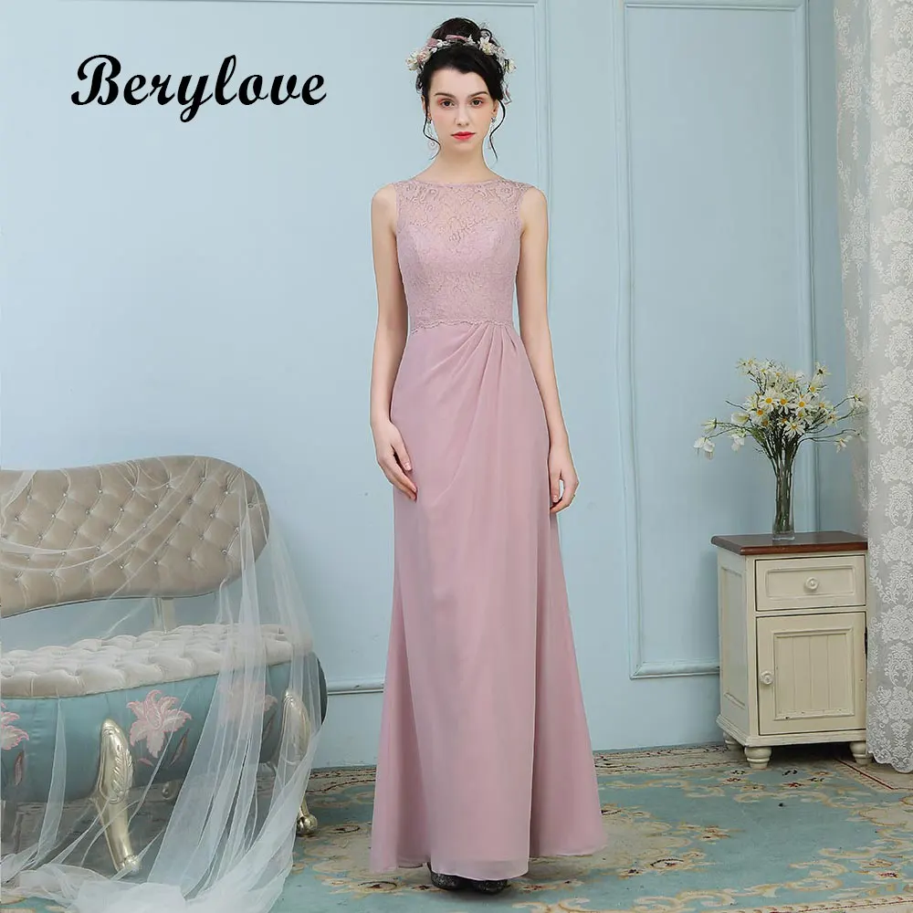 BeryLove Elegant Blush Pink Evening Dresses Long Lace Prom Dresses 2018