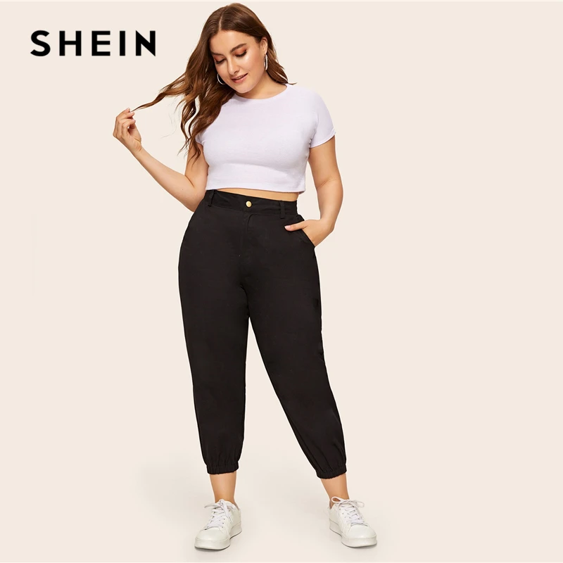 SHEIN плюс размер черные карманные боковые однотонные укороченные брюки Женские повседневные весенне-осенние женские базовые штаны-шаровары