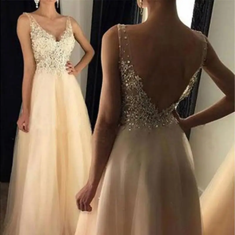

Women Lace Ladies Gold Sequins Sleeveless Dress Tulle Lace Princess Long Gown Prom Bride Dress#15