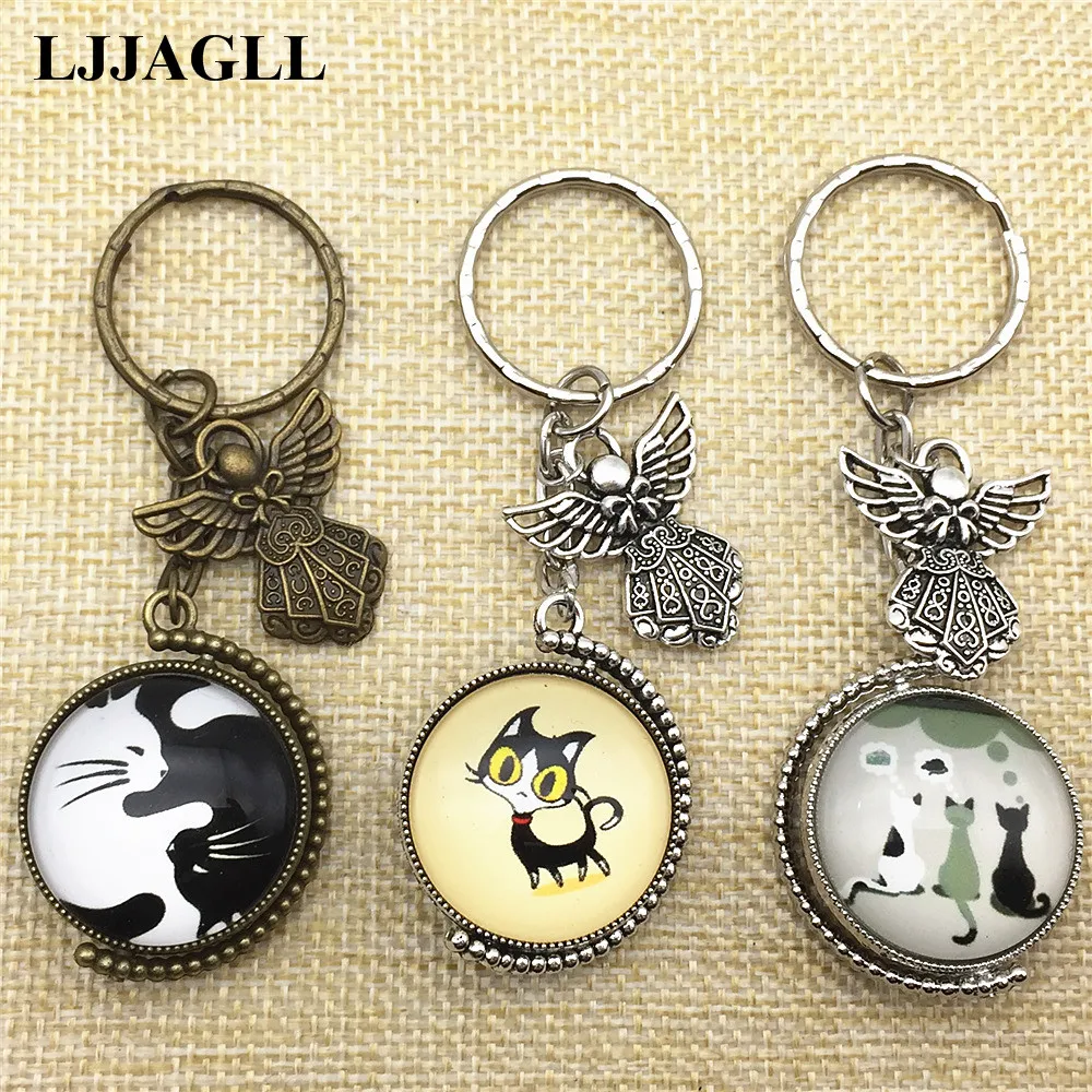 LJJAGLL Trendy Keychain Rotation Double Side Cabochon Pendant Yin Yang