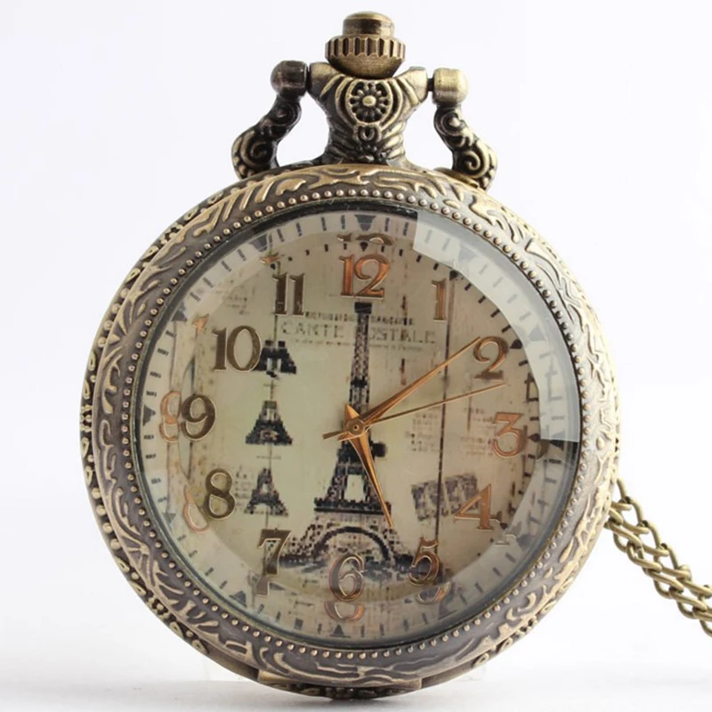 

French Paris Tower Retro Large Quartz Pocket Watch European Style Transparent Cover Mirror pocket watch necklace Couple gift