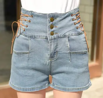 

Light colored denim shorts women's 2018 summer thin section high waist retro elastic thin Plus size shorts
