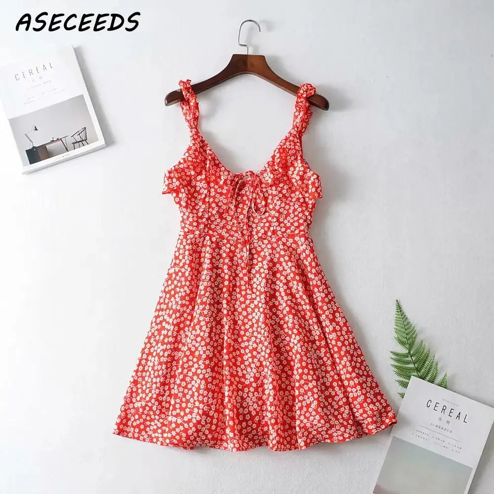 

Summer 2019 sexy spaghetti strap floral mini dress women boho chic bow vintage ruffle beach party dress korean clotehs vestidos
