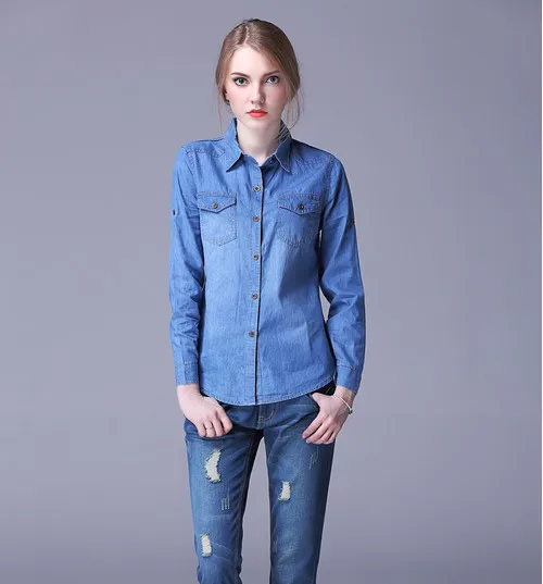 

2016 New fashion Autumn Spring women and lady's cotton jeans denim shirts pocket women casual blouse