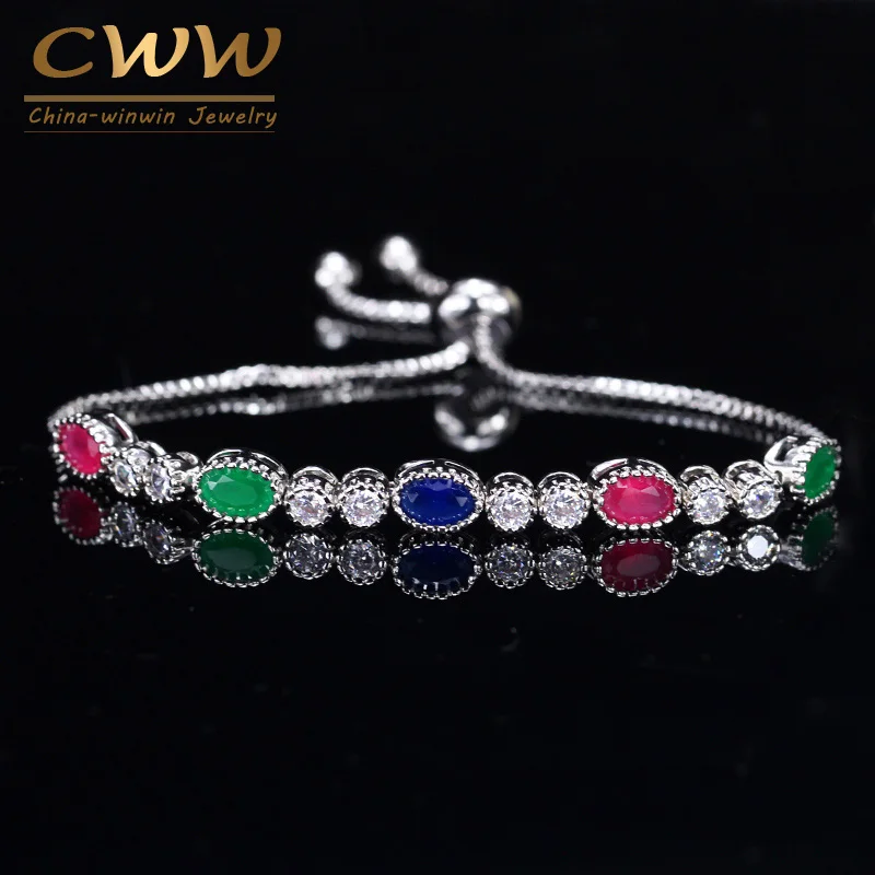 

CWWZircons New Arrival Round Shape Red Green Blue CZ Cubic Zirconia Slider Chain Bracelet For Women Christmas Jewelry CB184