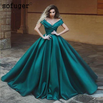 

Green Satin New Arrival Pleat Sweetheart Off the Shoulder Ball Gown Prom Dresses Custom Made Plus Lace Up back
