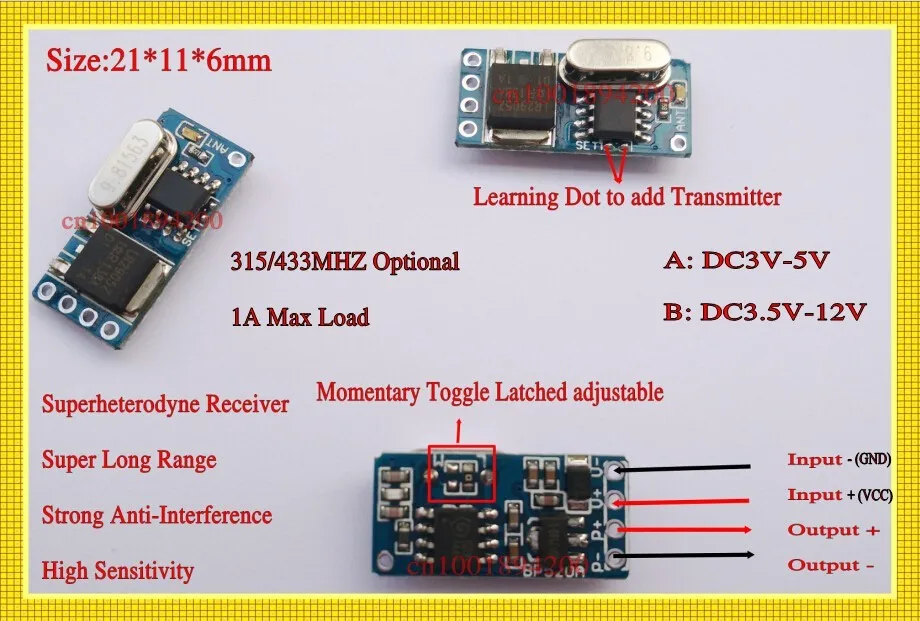Беспроводной пульт дистанционного управления 433 МГц 3,7 в 4,5 в 5 в 6 в 9 в 12 В микроприемник+ передатчик DC3.5V-12V широкое напряжение 1A Mos