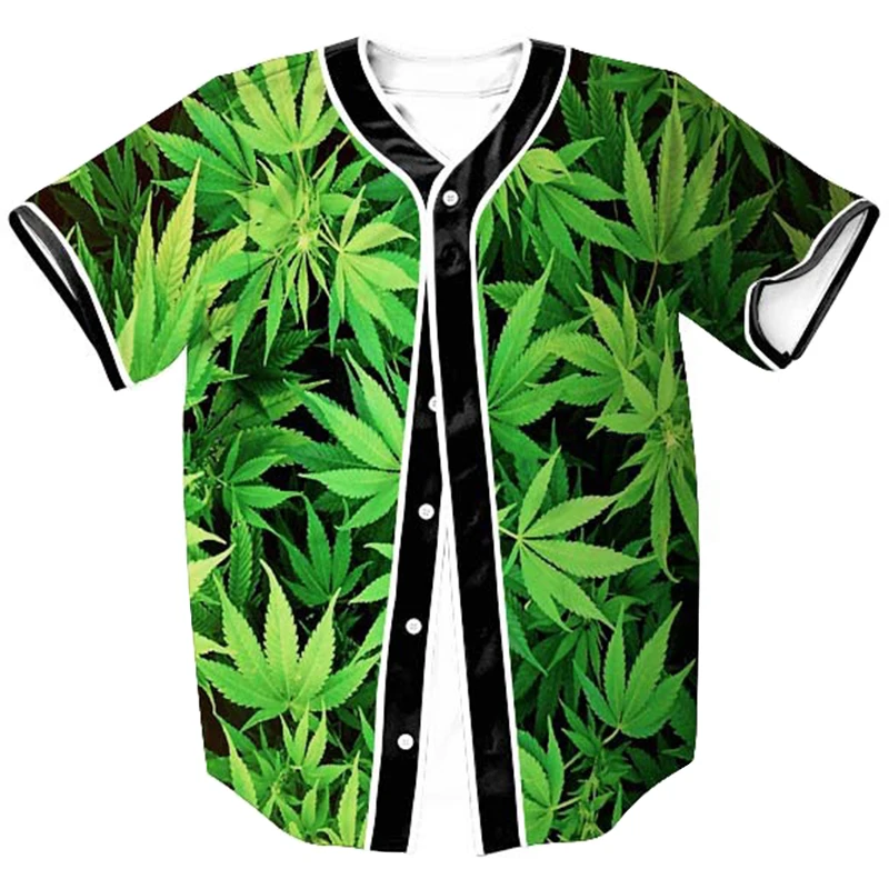 Men's Baseball Jersey Black 3d T-shirt Full Printed Green Marple Leaf Button Shirt Unisex Summer Casual V-neck Teen Tshirt Homme