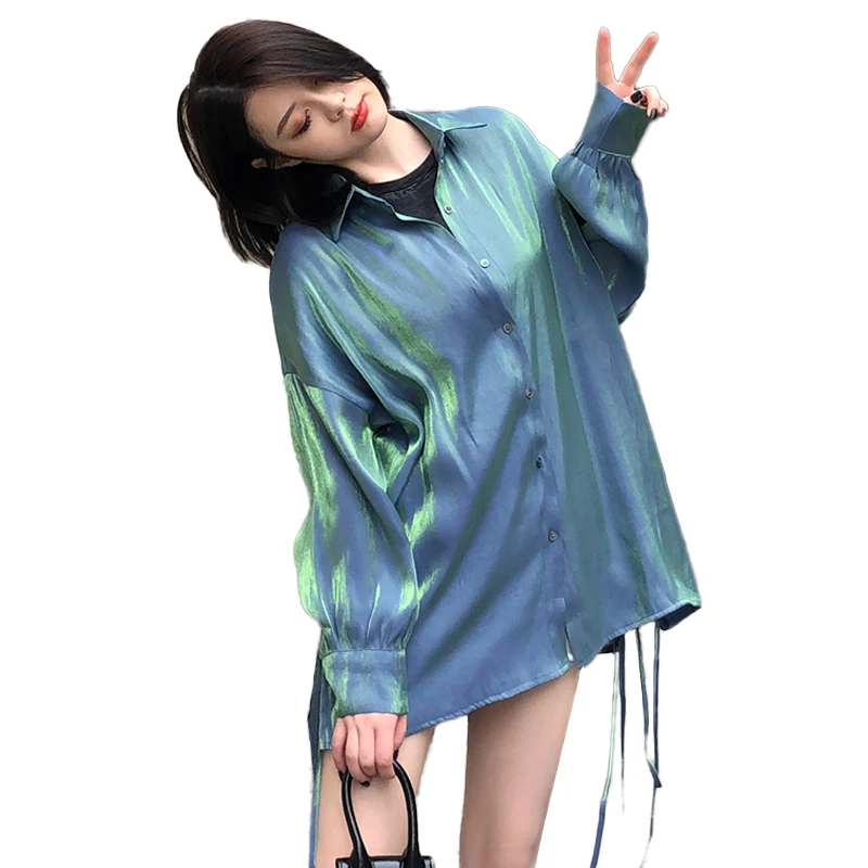 

Vintage Loose Blouse Women 2019 Autumn Streetwear Korean Metallic Bling Shine Blouses Shirt Tops Long Sleeve Oversize Blusas
