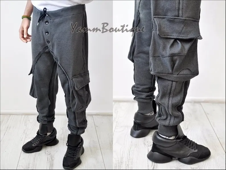 Темно-черные мужские военные брюки карго свободный крой Байкер мульти большие карманы утилита Sweatpant Joggers/Tapered Fit круглый вязаный Butto