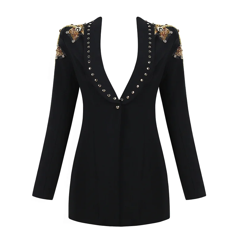 Promo Top Quality Black Fashion Women Beading Coat Celebrity Slim Jacket