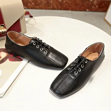 Квадратные носки; женские туфли-оксфорды; модная кожаная обувь на шнуровке; женская обувь без застежки; сезон осень-лето года; женская обувь черного цвета на плоской подошве