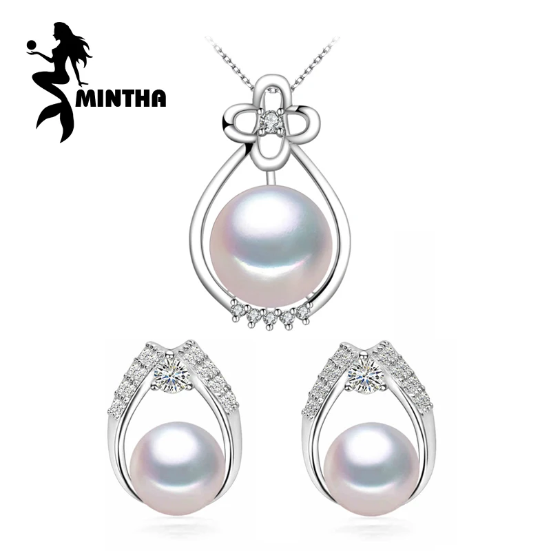 

MINTHA Pearl Jewelry wedding engagement jewelry sets,Natural Pearl pendant Necklace women/Silver earrings,pearl earrings female