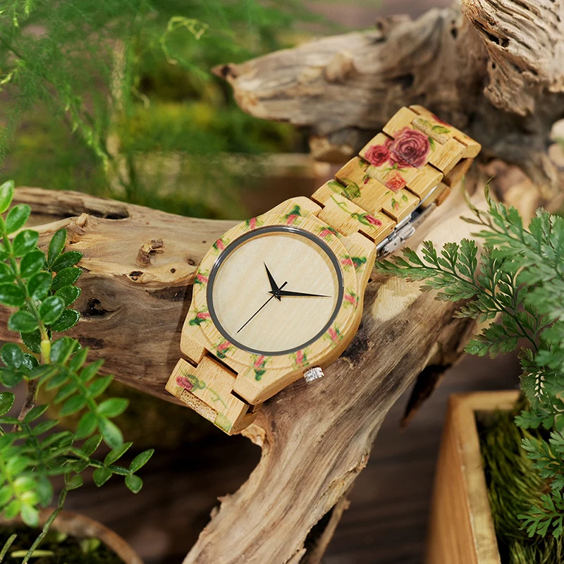 BOBO BIRD V-D21 UV Print Flower Wooden Watches Men Women Fashion Designer Brand Quartz Wristwatch reloj madera hombre