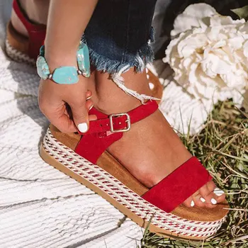 

Women Shoes With Platform Sandals Straw Thick Bottom Ladies Sandals Peep Toe Beach Sandals Flat Belt Buckle Summer Shoes Woman