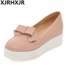 XJRHXJR Демисезонный Мокасины Для женщин Туфли без каблуков с бантом в Корейском стиле кожаные туфли женские лоферы слипоны на платформе женская обувь