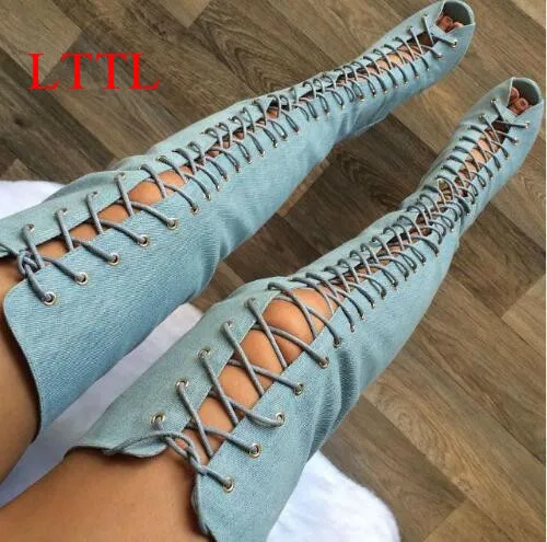 LTTL 2017 Autumn Women Gladiator Thigh High Boots Denim Peep Toe High Heels Cut-outs Lace-up Boots  Fashion Women Shoes