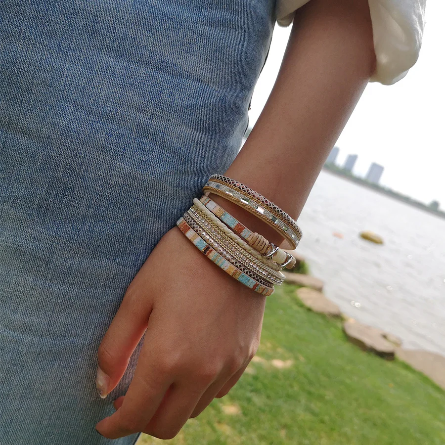 

Women Men Rhinestone Leather Multi-layer Bracelet Multi-layer Magnetic Buckle Wrap Vintage Ethnic Bracelets Bangles Jewelry Gift
