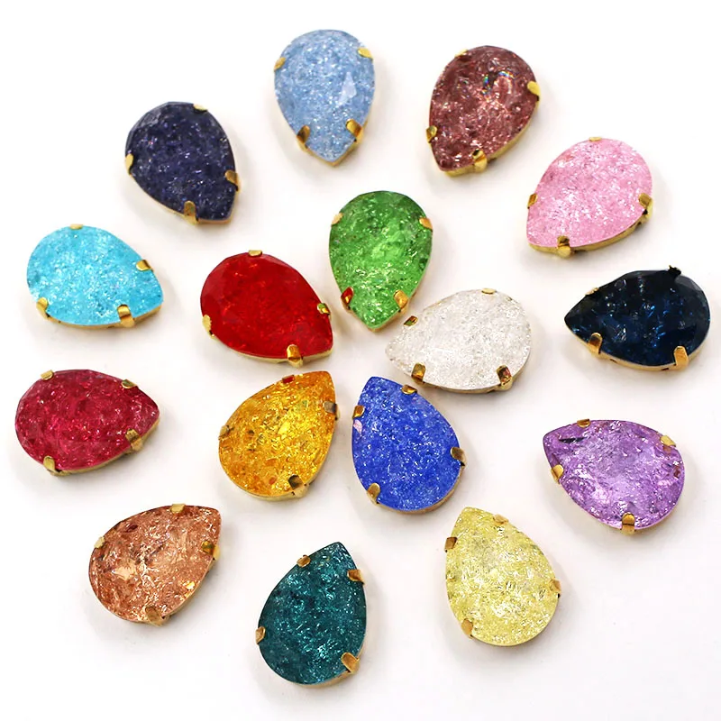 

New style gold base Teardrop shape Ice flower glass crystal sewing claw rhinestones for wedding dress clothing decoration