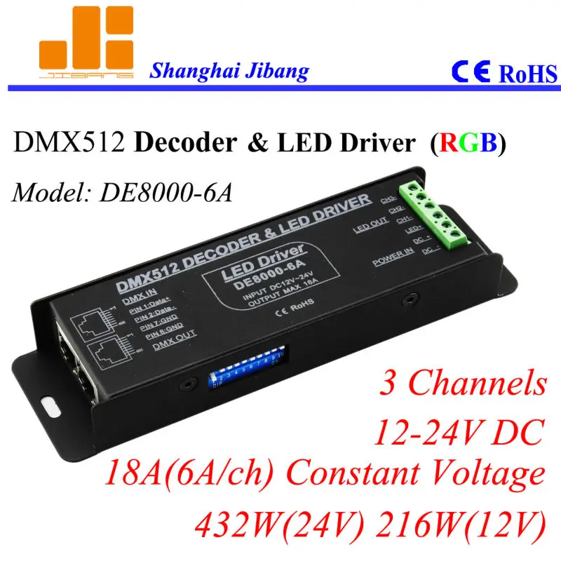 

Free Shipping DMX controller, DMX RGB driver, DMX512 driver, 3channels/12V-24V DC / 18A /432W DE8000-6A
