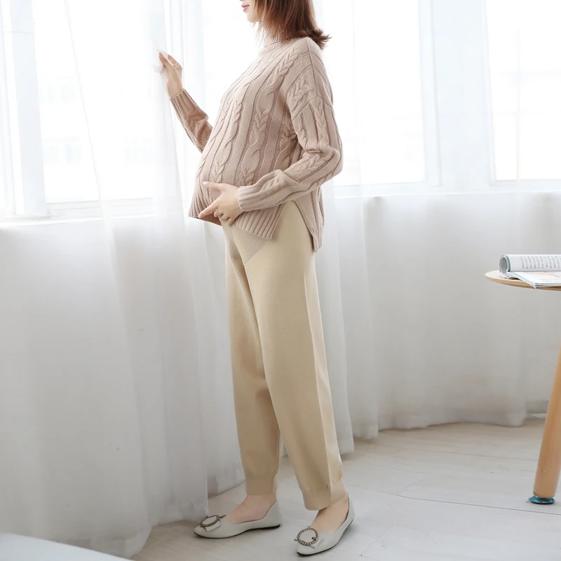 

602# Spring Autumn Knitted Maternity Pants Drawstring Belly Pants Clothes for Pregnant Women Loose Straight Casual Pregnancy